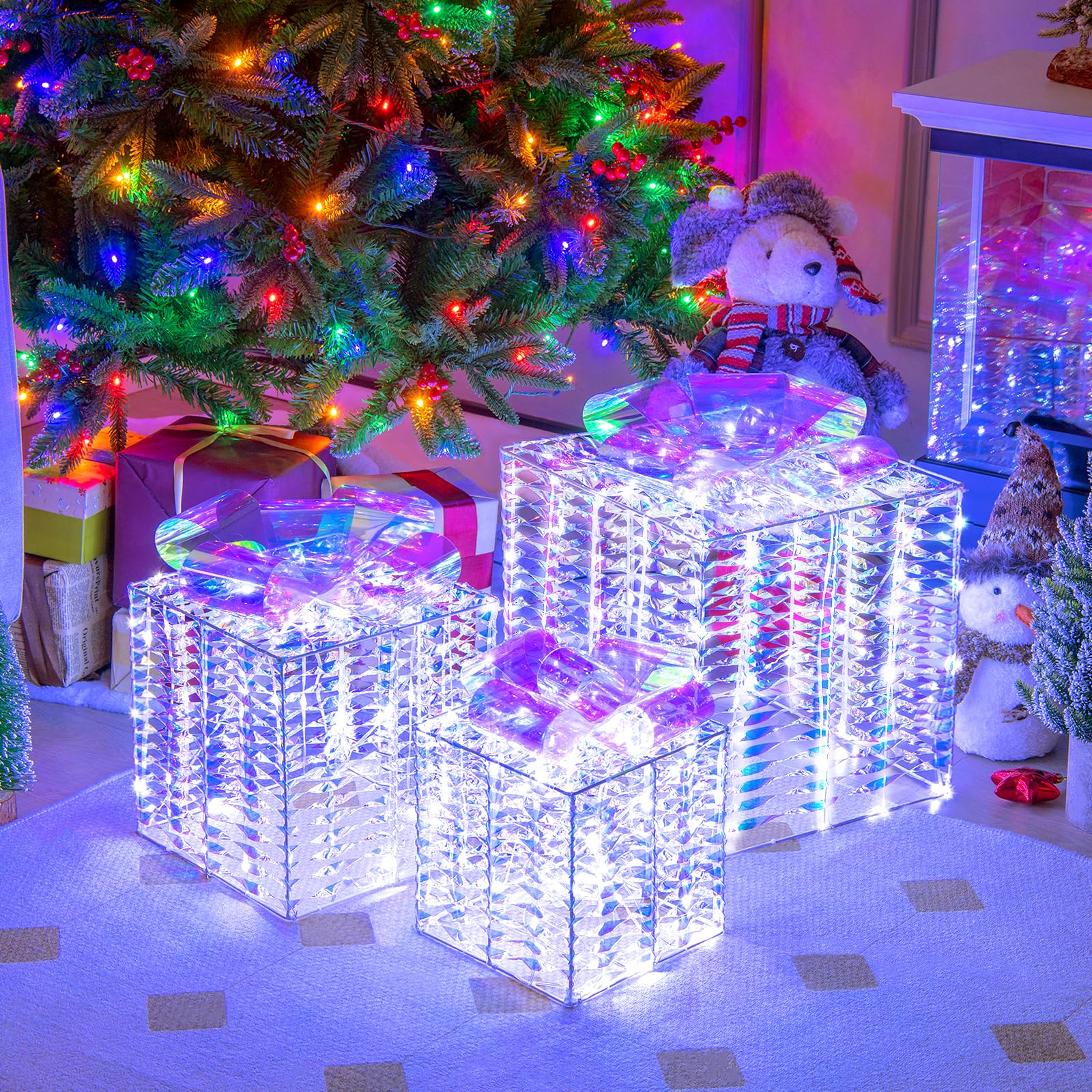 Tangkula Set of 3 Christmas Iridescent Box, 156 Cold White LED Lighted Present Boxes with Iridescent Bows